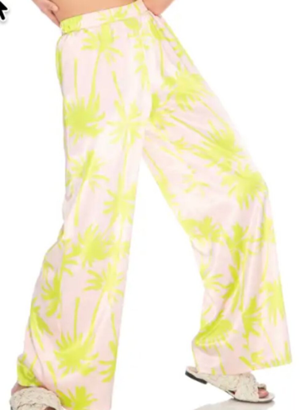 AFRM Calla Satin Wide Leg Pants - Blush Pink & Lime Green Palm Print